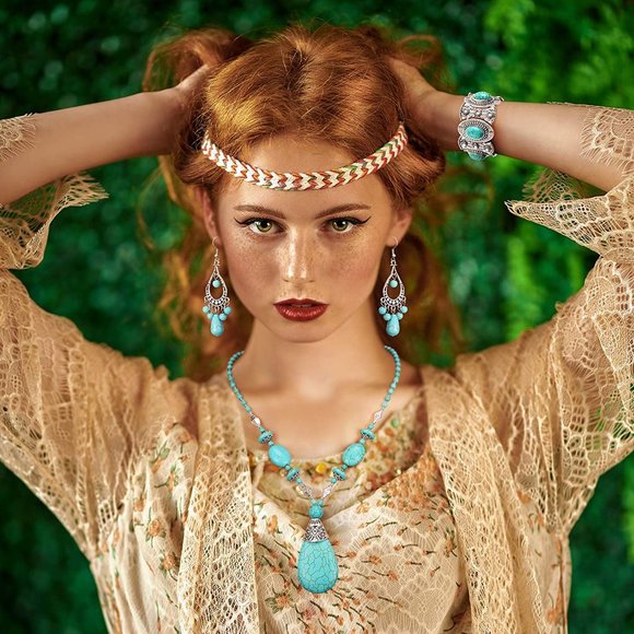 New 3 Pieces Bohemian Turquoise Jewelry Set Women Western Jewelry Set Turquoise - Picture 6 of 9